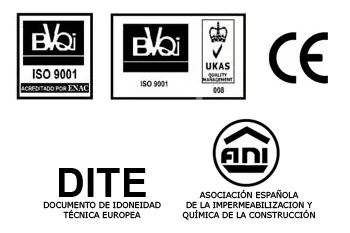 Sellos BVQi ISO 9001 acreditado por ENAC, BVQi ISO 9001 UKAS, marcado CE, DITE y asociación ANI