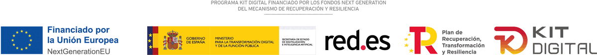 Programa Kit Digital financiado por los fondos Next Generation del Mecanismo de Recuperación y Resiliencia. Financiado por la Unión Europea, NextGenerationEU. Gobierno de España. Red.es. Plan de Recuperación, Transformación y Resiliencia. Kit Digital.