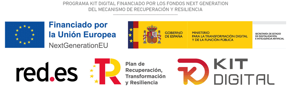 Programa Kit Digital financiado por los fondos Next Generation del Mecanismo de Recuperación y Resiliencia. Financiado por la Unión Europea, NextGenerationEU. Gobierno de España. Red.es. Plan de Recuperación, Transformación y Resiliencia. Kit Digital.