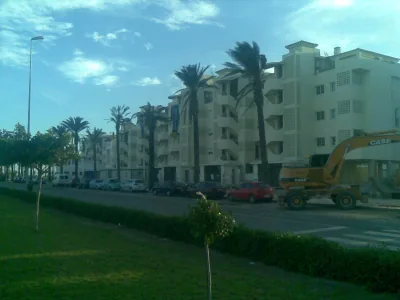 Edificio de pisos de color crema tras una hilera de palmeras, con una retroexcavadora en la calzada